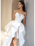 A Line High Low Satin Sweetheart Pearls Wedding Dress With Slit