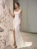 Satin Draped Square A Line Wedding Dress With Slit