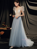 V Neck Blue Beading Puffy Sleeves Prom Dress