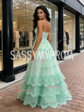 Tulle Green Ruffles A Line V Neck Sparkle Prom Dress