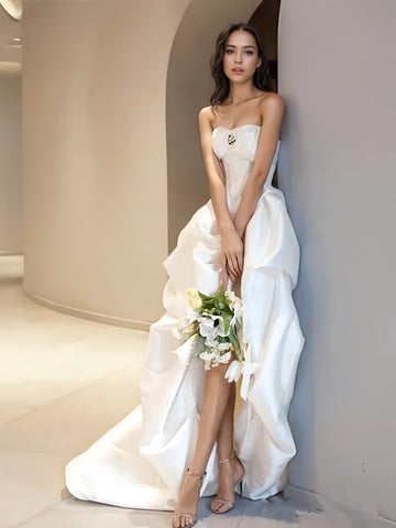 A Line High Low Satin Sweetheart Pearls Wedding Dress With Slit