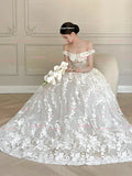 Off The Shoulder Lace A Line Bow Wedding Dress