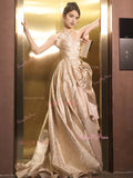 Tulle Sweetheart Satin Print A Line Champange Prom Dress