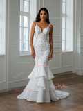 Tulle Appliques Ruffles Mermaid V Neck Wedding Dress