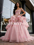 Pink Tulle Floral Appliques Ball Gown Off The Shoulder Prom Dress