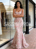 Tulle Lace Floral Trumpet Mermaid Pink Straps Sweetheart Prom Dress