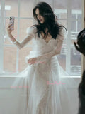 Long Sleeve A Line Deep V Neck Tulle Wedding Dress