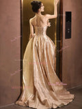 Tulle Sweetheart Satin Print A Line Champange Prom Dress