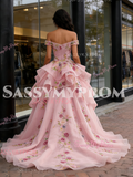 Pink Tulle Floral Appliques Ball Gown Off The Shoulder Prom Dress