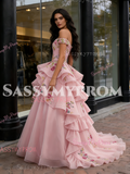 Pink Tulle Floral Appliques Ball Gown Off The Shoulder Prom Dress