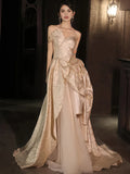 Tulle Sweetheart Satin Print A Line Champange Prom Dress