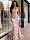 Tulle Lace Floral Trumpet Mermaid Pink Straps Sweetheart Prom Dress