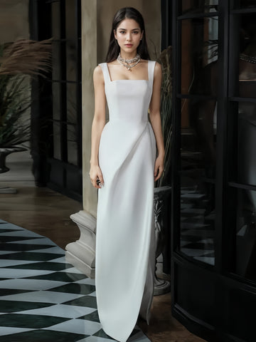 Sheath Column Satin Straps Wedding Dress With Slit