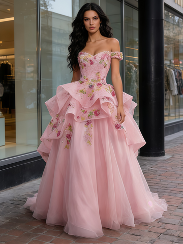 Pink Tulle Floral Appliques Ball Gown Off The Shoulder Prom Dress