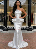 Silver Sequin One Shoulder Ruffles Trumpet Mermaid Prom Dress