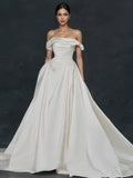 White Satin A Line Off The Shoulder Wedding Dress With Pockets