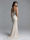 Sheath Column Beige Sweetheart Lace Prom Dress With Slit