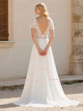 Hollow Waist A Line V Neck Short Sleeve Wedding Dress