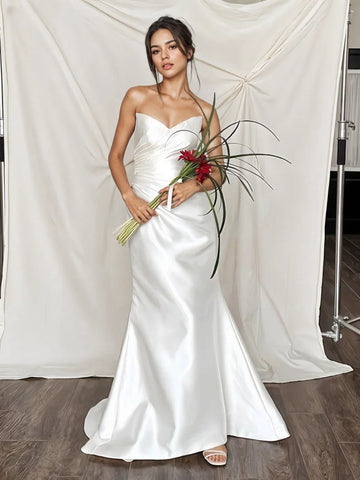 ruched sheath wedding dress Formal Sexy Side Slit Sleeved Sheath Ruched Civil Wedding Dress Modern Elegant Zipper Back Reception Floor Length Bridal Gown
