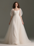 Tulle Square Neck Puffy Sleeve A Line Wedding Dress