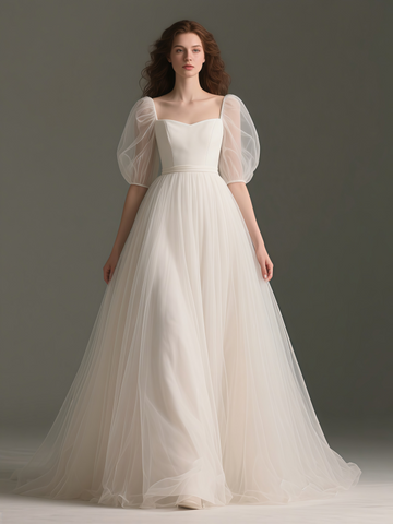 Tulle Square Neck Puffy Sleeve A Line Wedding Dress