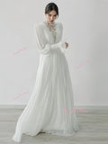 Sheer Chiffon Pleats A Line Long Sleeve Wedding Dress