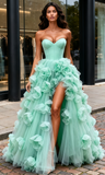Tulle Sweetheart Flower Mint Green Prom Dress With Slit