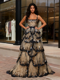 Sequin A Line Ruffles Black Champagne Prom Dress