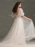 Tulle Square Neck Puffy Sleeve A Line Wedding Dress