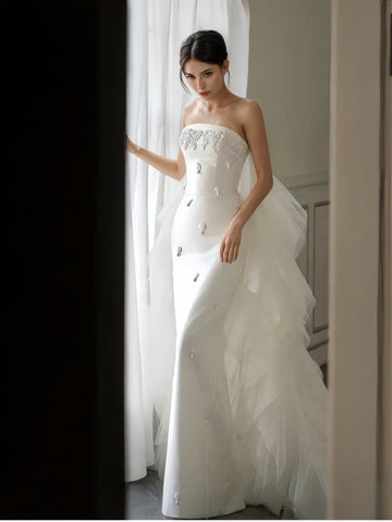 Beading Detachable Train Sheath Column Strapless Spandex Wedding Dress