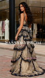Sequin A Line Ruffles Black Champagne Prom Dress