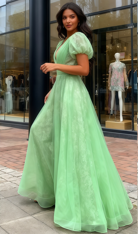 Puffy Sleeve Tulle V Neck A Line Green Prom Dress