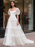 Puffy Sleeve Tulle Ruffles Square Lace Wedding Dress