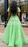 Puffy Sleeve Tulle V Neck A Line Green Prom Dress