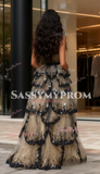Sequin A Line Ruffles Black Champagne Prom Dress
