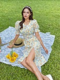 Puff Sleeves Elegant Front Slit  Floral Midi Dress