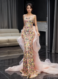 Trumpet Mermaid Floral Colorful Tulle Train Prom Dress