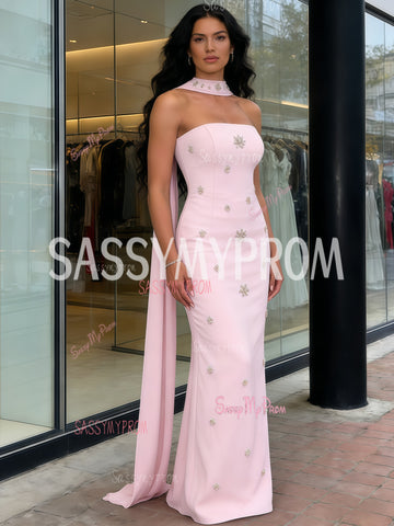 Beading Strapless Sheath Column Pink Shawl Satin Prom Dress