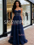 Spaghetti Straps Beading Navy Blue Tulle A Line Prom Dress