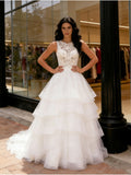 Lace A Line Ruffles Tulle Jewel A Line Wedding Dress