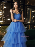 A Line Sweetheart Blue Tulle Ruffles Prom Dress