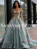 Appliques Ball Gown Green Off The Shoulder Tulle Prom Dress