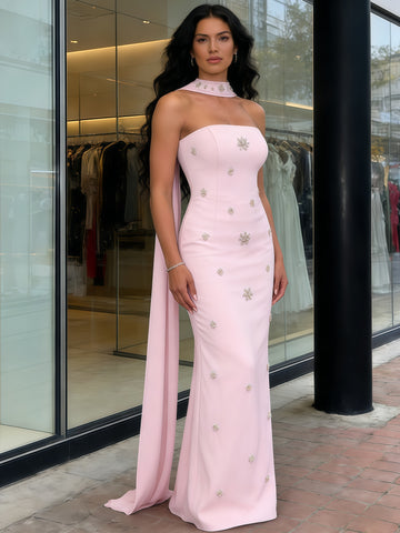 Beading Strapless Sheath Column Pink Shawl Satin Prom Dress