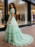 Green Puffy Sleeve A Line Sparkle Ruffles Prom Dress