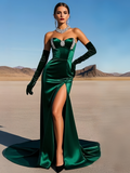 Trumpet Mermaid Beading Dark Green Prom Dress With Gloves