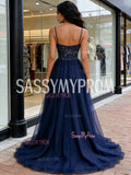 Spaghetti Straps Beading Navy Blue Tulle A Line Prom Dress