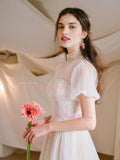 A Line Short Sleeve High Neck Tulle Appliques Wedding Dress