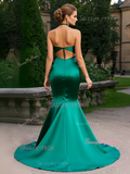 Trumpet Mermaid Flower Green Satin Halter Prom Dress With Slit