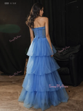 A Line Sweetheart Blue Tulle Ruffles Prom Dress