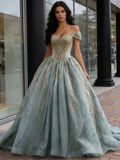 Appliques Ball Gown Green Off The Shoulder Tulle Prom Dress